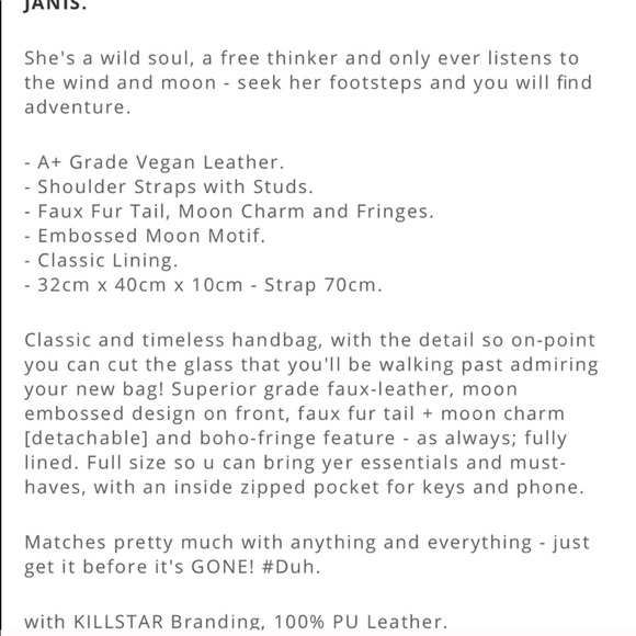 killstar janis fringe handbolsa
